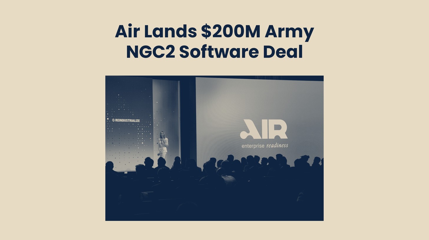 Speaker on stage at an Air keynote, with the AIR enterprise readiness logo on screen, under the title Air Lands $200M Army NGC2 Software Deal.