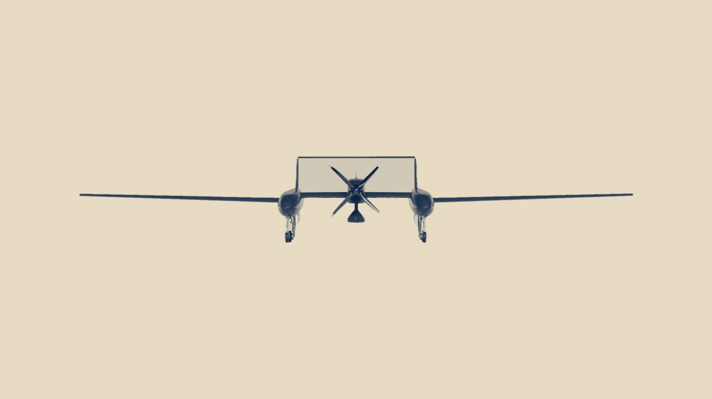 Two-tone rendering, not a photograph, of a Swarm Aero Gamera drone seen head-on, on a plain sand background.