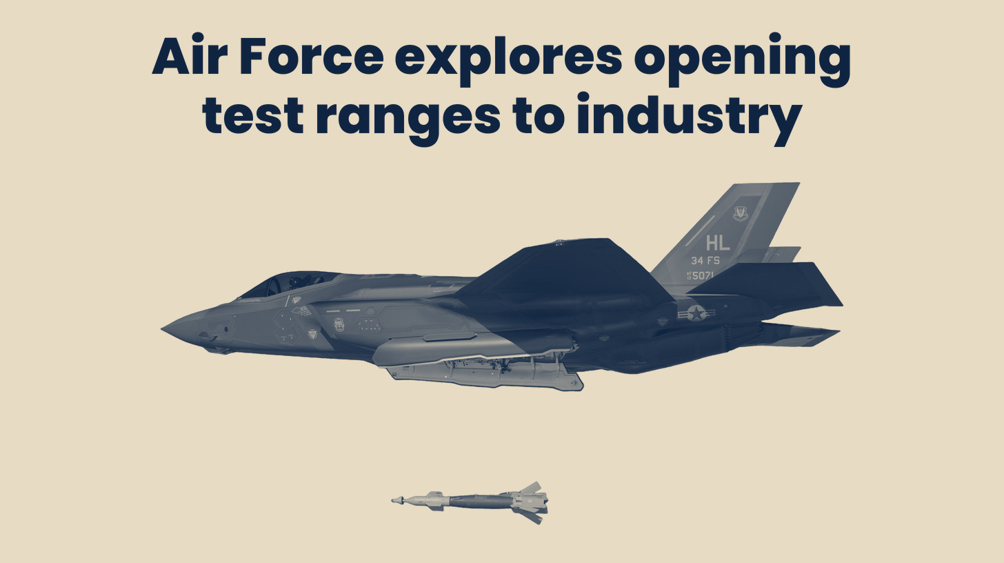 Two-tone U.S. Air Force photo of an F-35A releasing a GBU-12 laser-guided bomb over the Utah Test and Training Range in 2016, cut out on a sand background below the headline "Air Force explores opening test ranges to industry."