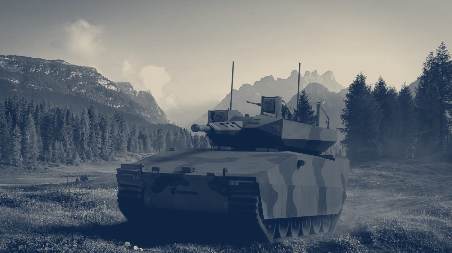 Two-tone rendering, not a photograph, of the American Rheinmetall Lynx XM30 combat vehicle in a mountain meadow, front three-quarter view.