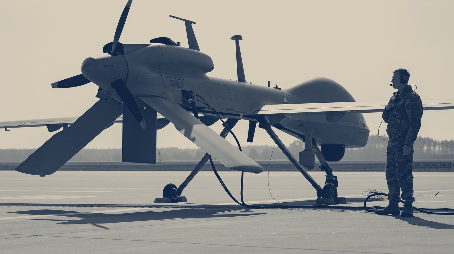Two-tone U.S. Army photo of an MQ-1C Gray Eagle crew chief standing beside the drone at Forward Operating Site Powidz, Poland, March 2025.