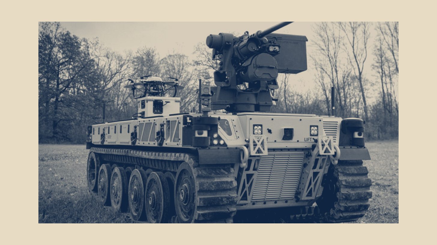 Two-tone U.S. Army photo of a Robotic Combat Vehicle Light prototype, a tracked uncrewed vehicle with a weapon turret, parked on grass.