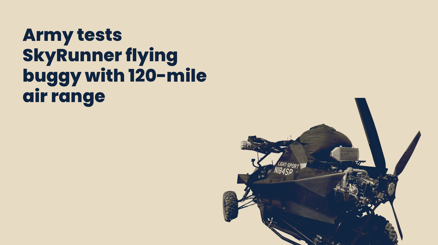 The SkyRunner flying buggy with its propeller, shown as a Sand duotone cutout beside the headline.