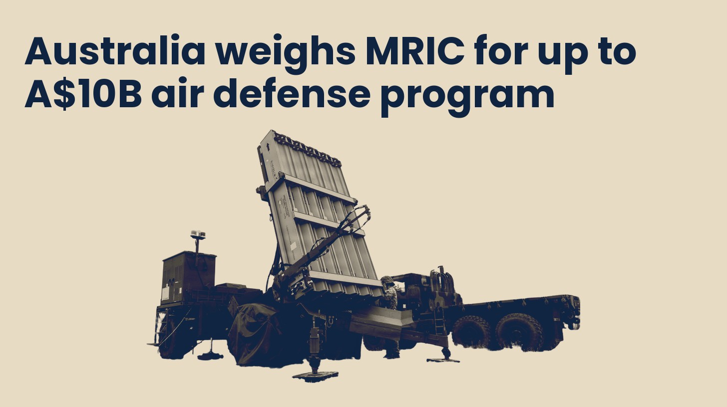A U.S. Marine Corps Medium-Range Intercept Capability launcher raised on its trailer in Guam in 2026, isolated on a plain sand background.