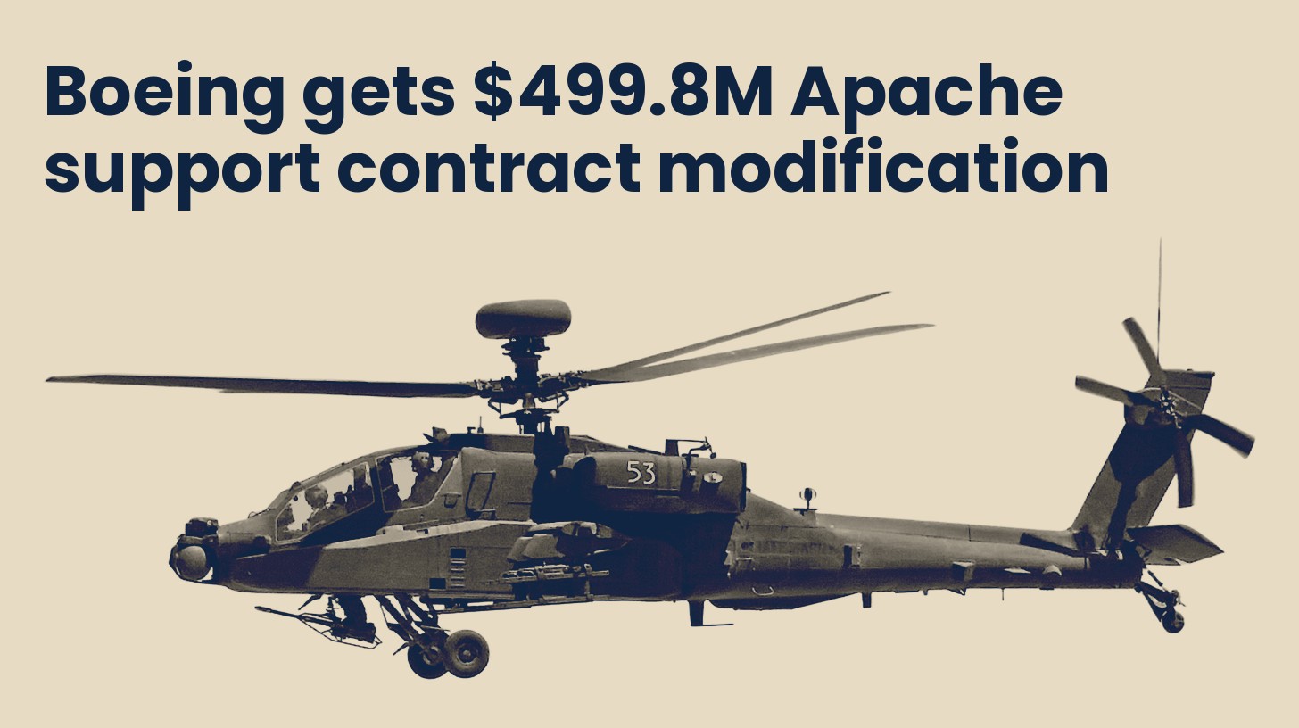 A U.S. Army AH-64E Apache helicopter in flight in side profile, isolated on a plain sand background.