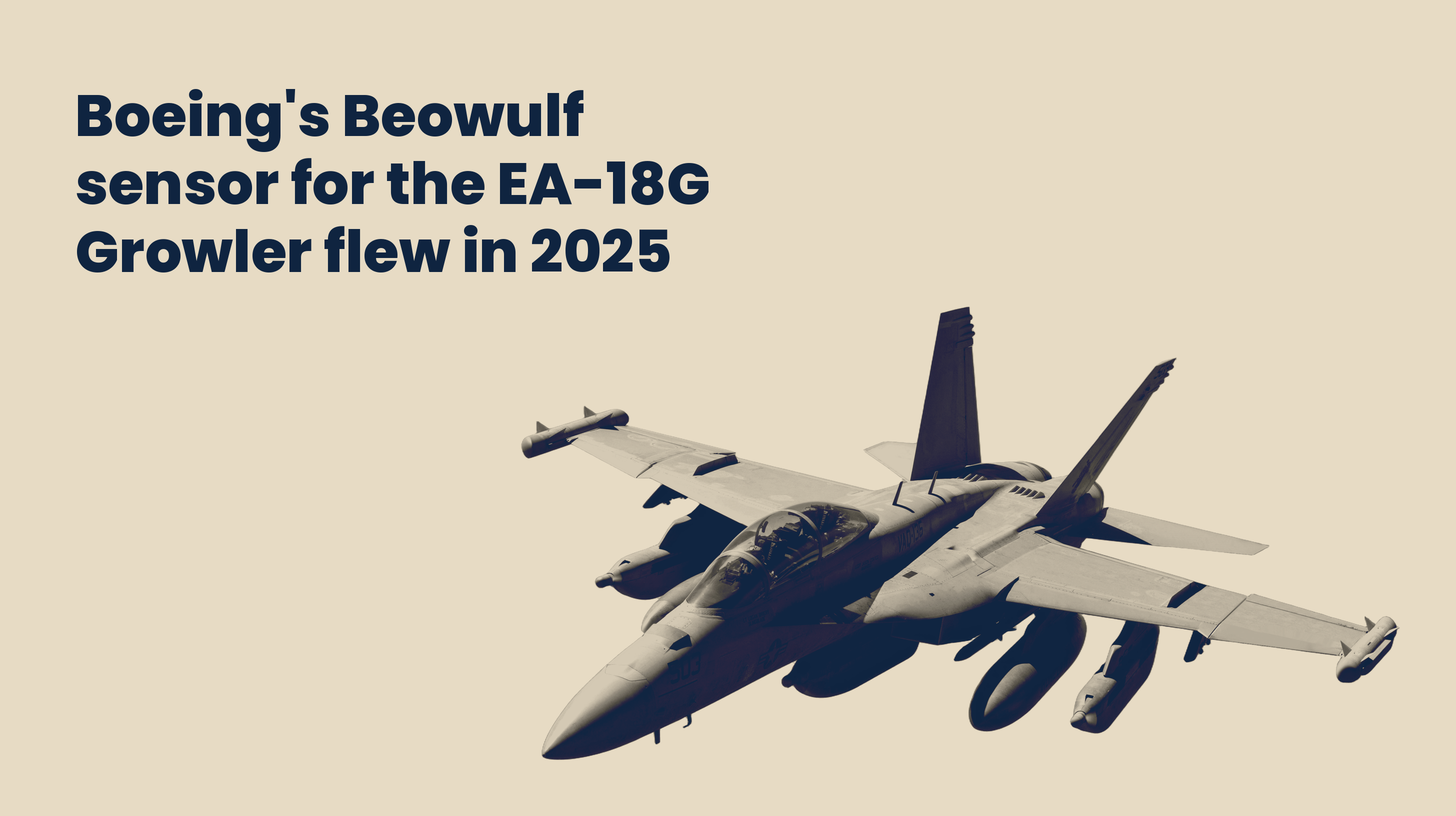 An EA-18G Growler in flight, shown as a Sand duotone cutout beside the headline.