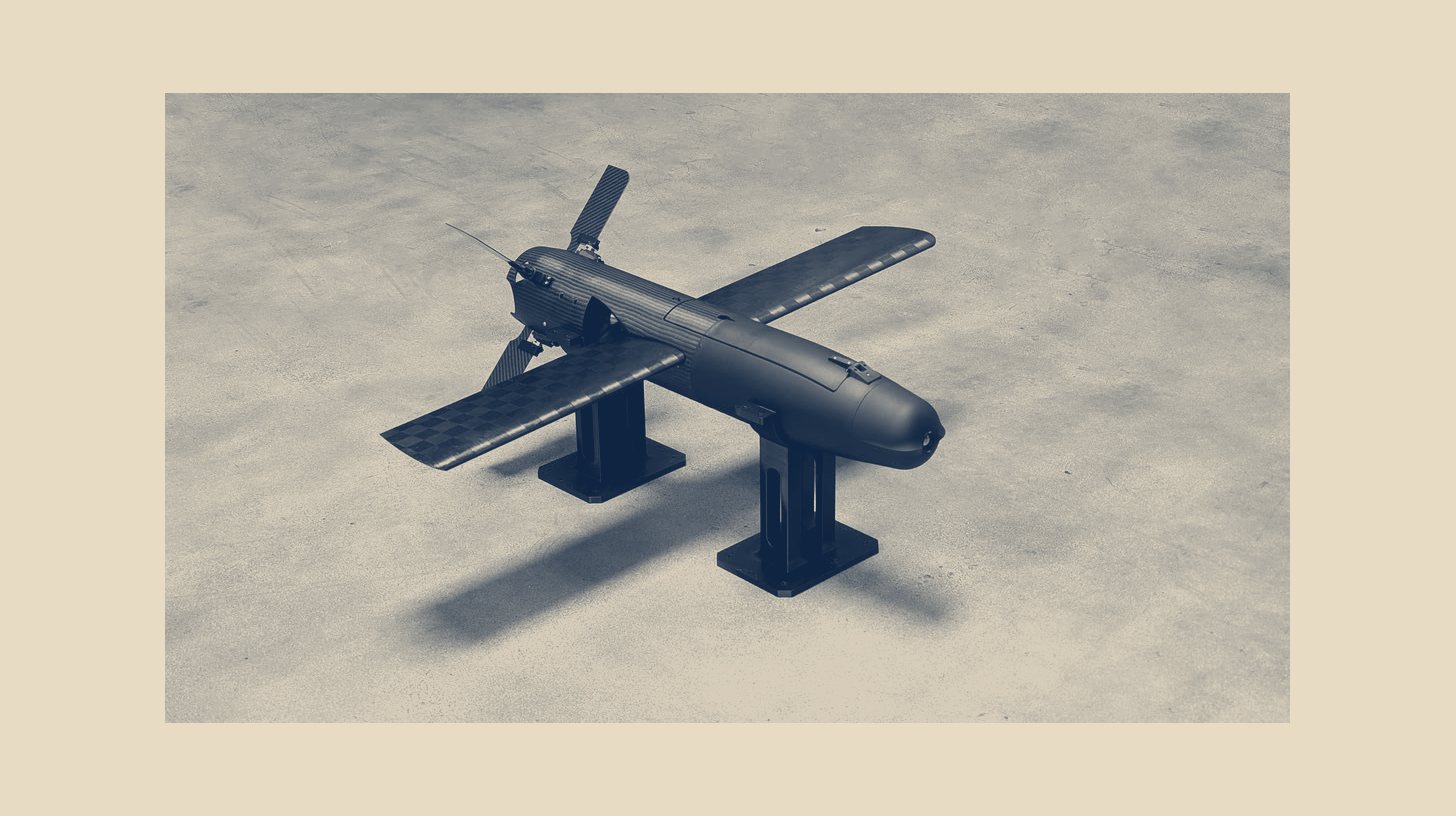 Two-tone CHAOS Industries product image, possibly a rendering, of a VESPID Mk 0 interceptor drone on a display stand.