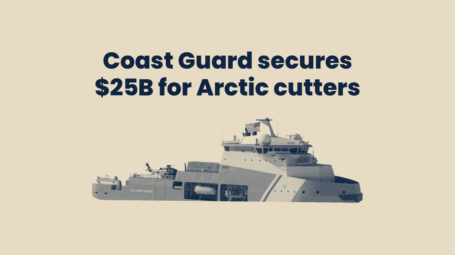 Two-tone U.S. Coast Guard digital rendering, not a photo, of the planned Arctic Security Cutter, cut out on a sand background below the headline "Coast Guard secures $25B for Arctic cutters."