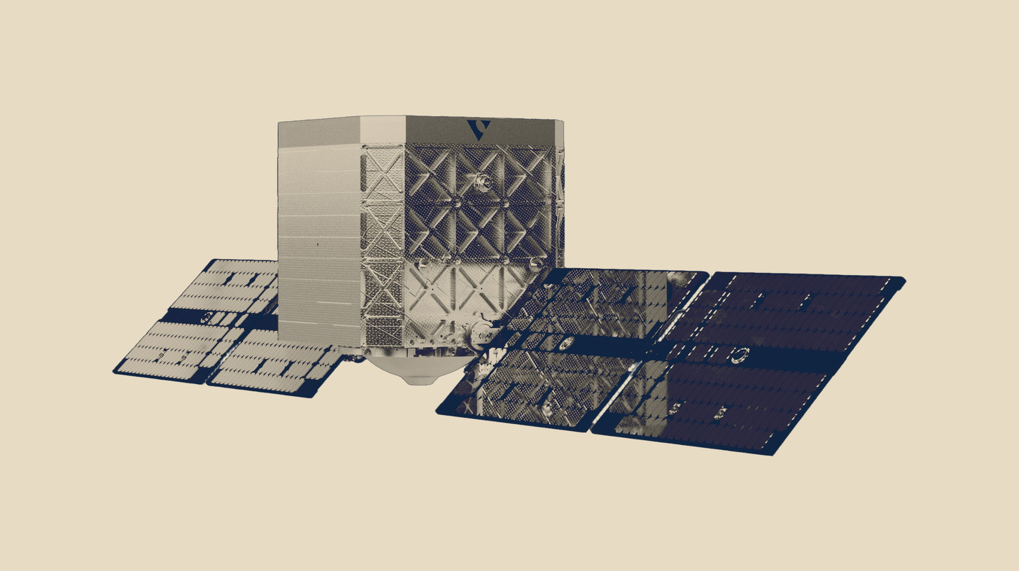 A rendered True Anomaly Jackal GEO spacecraft with a rectangular satellite bus and extended solar panels, isolated on a plain sand field in sand-and-navy duotone.