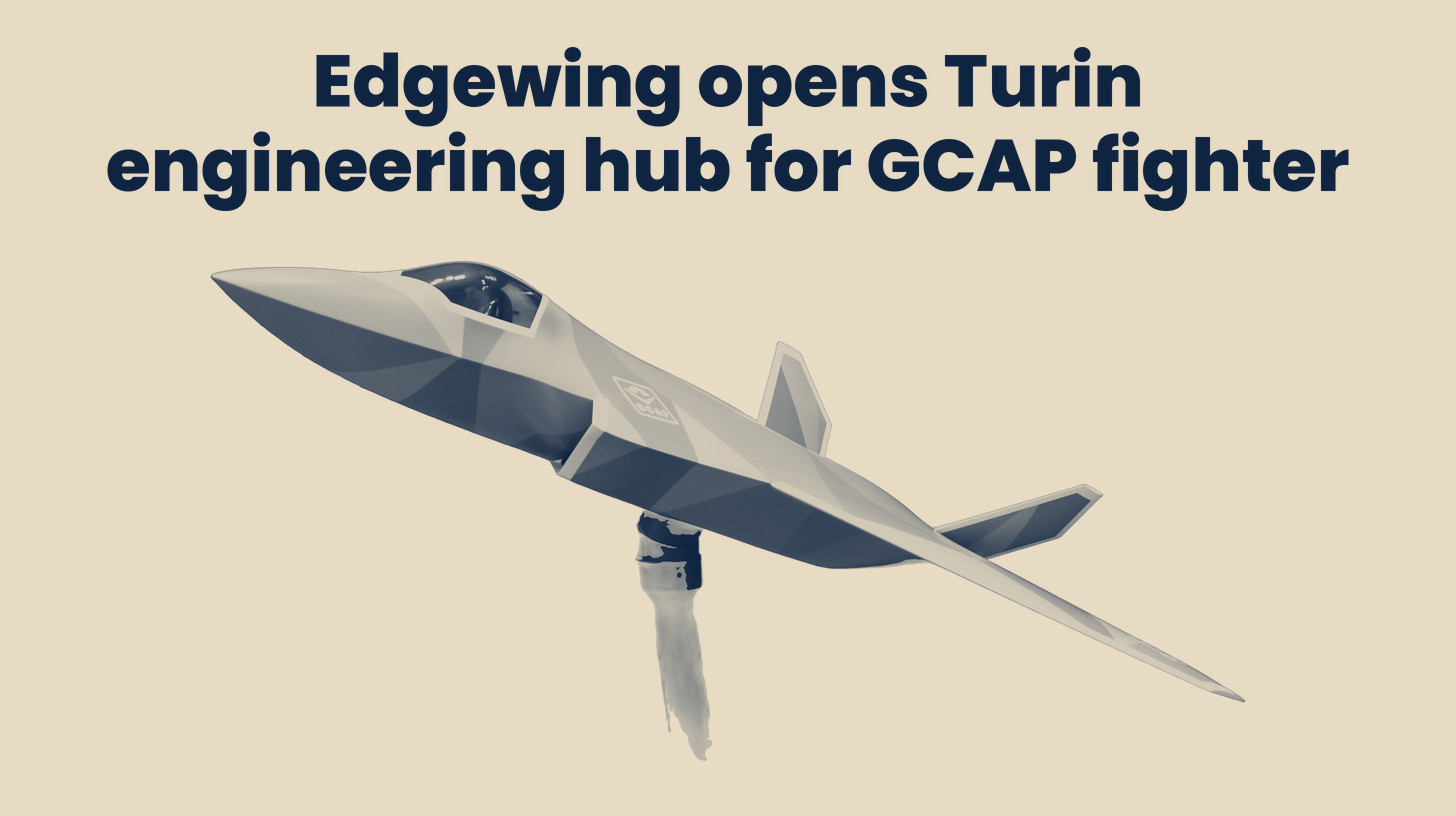 Two-tone photo of a GCAP delta-wing concept model shown at Japan Aerospace 2024, a model and not the final aircraft design, cut out on a sand background, set below the headline "Edgewing opens Turin engineering hub for GCAP fighter."