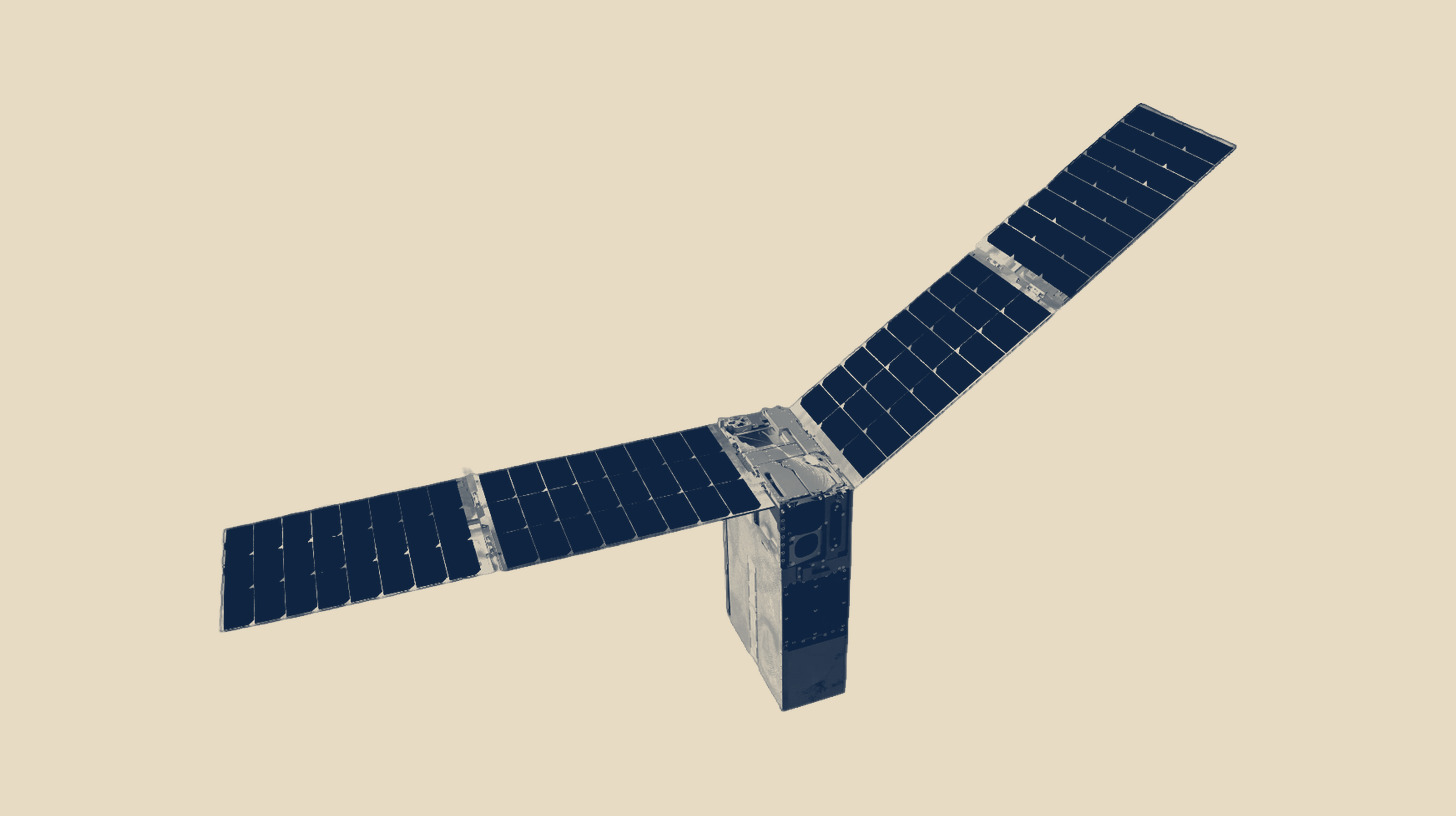 Two-tone NASA illustration, not a photograph, of a Starling CubeSat with deployed solar arrays, as a stand-in for spacecraft autonomy; it is not the EraDrive Era-Node, on a plain sand background.
