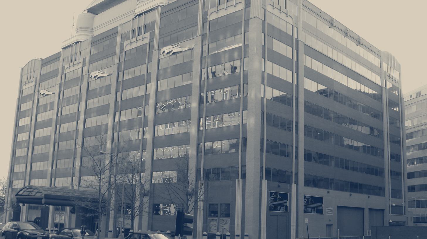 Two-tone photo of the former Federal Communications Commission headquarters building at 445 12th Street SW, Washington, D.C.