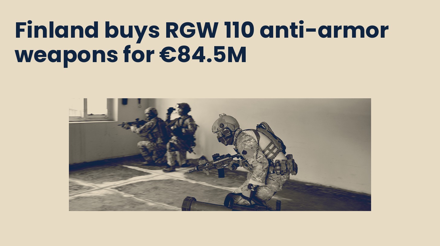 Soldiers in an urban training drill, one aiming an RGW 110 anti-armor weapon around a building corner, in navy and sand tones.