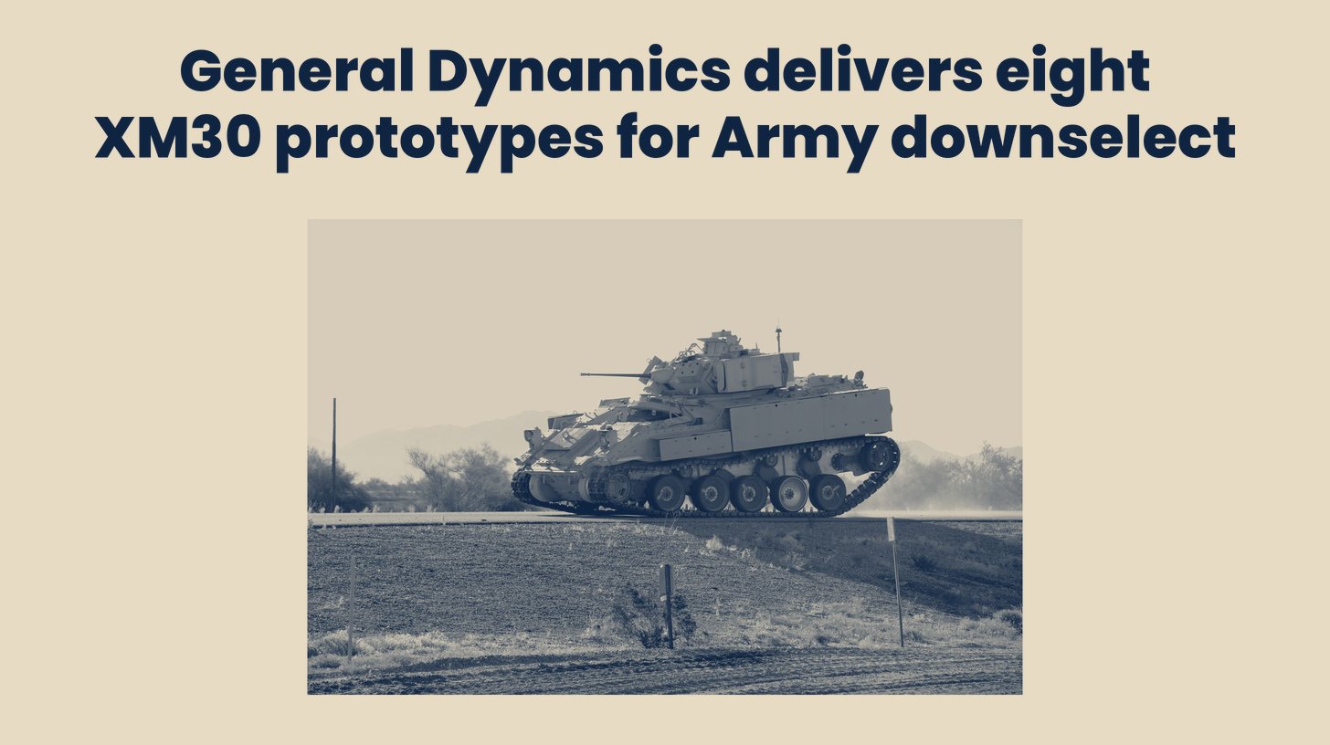 Two-tone U.S. Army photo of a Bradley test vehicle with advanced running gear at Yuma Proving Ground, the vehicle XM30 will replace rather than an XM30 prototype, set below the headline "General Dynamics delivers eight XM30 prototypes for Army downselect."