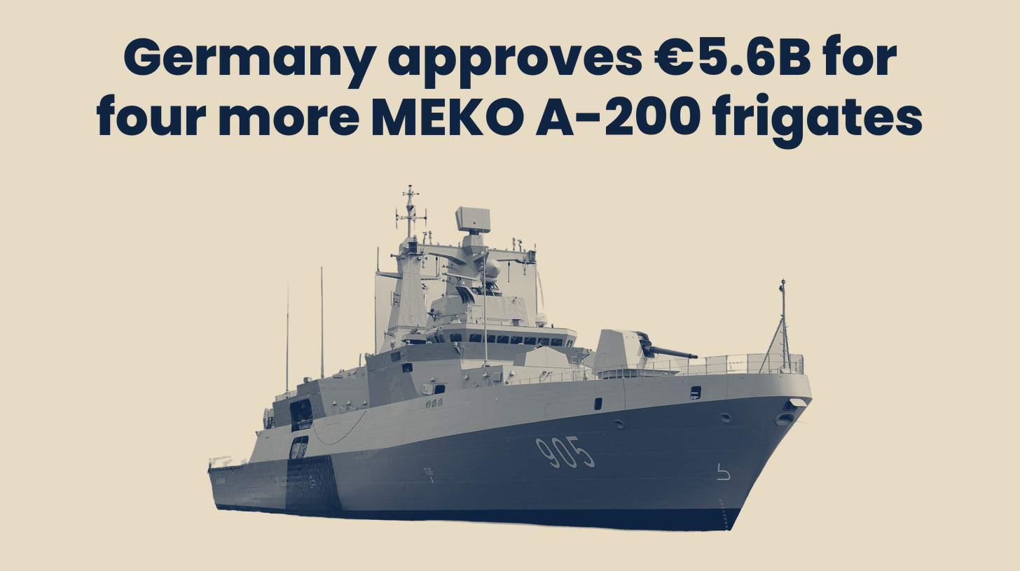 Two-tone photo of the Egyptian Navy MEKO A-200 frigate Al-Qahhar, a TKMS-built sister ship and not a German Navy vessel, at Wilhelmshaven in 2023, cut out on a sand background below the headline "Germany approves €5.6B for four more MEKO A-200 frigates."