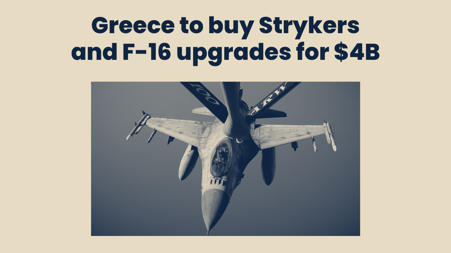 Two-tone U.S. Air Force photo of a Hellenic Air Force F-16 taking fuel from a KC-135 boom over Greece during Ramstein Flag 2024, seen from the tanker, set below the headline "Greece to buy Strykers and F-16 upgrades for $4B."