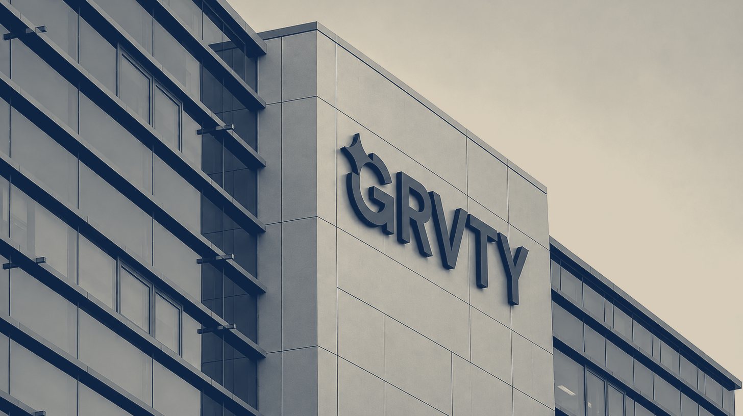 Two-tone photo of the GRVTY headquarters building with the company name on its facade.