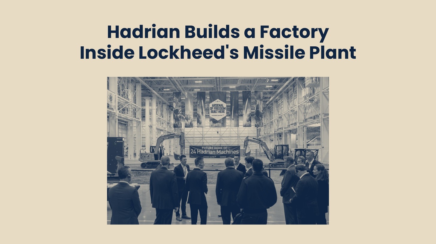 Lockheed Martin and Hadrian event in Grand Prairie, Texas, under a sign reading Future Home of 24 Hadrian Machines.