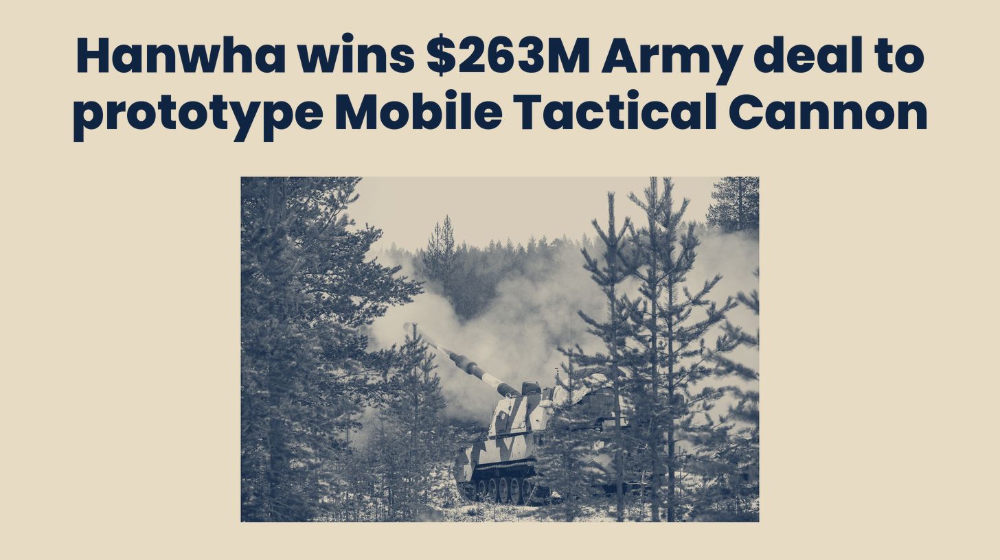 Two-tone U.S. Army photo of a Finnish Army K9 Moukari howitzer firing in a snowy forest, the K9 platform the Mobile Tactical Cannon is based on rather than the U.S. prototype, set below the headline "Hanwha wins $263M Army deal to prototype Mobile Tactical Cannon."