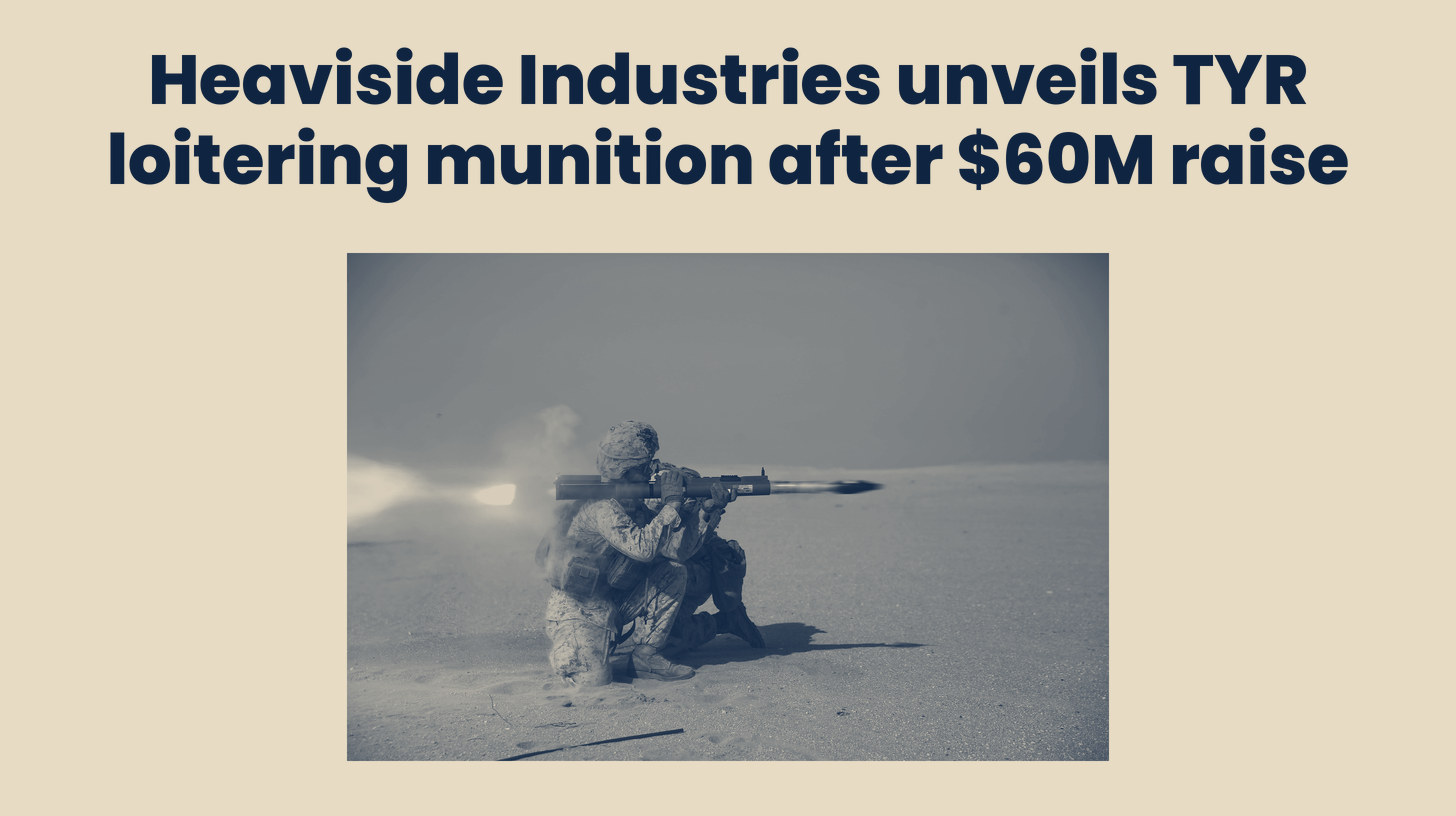 Two-tone U.S. Marine Corps photo of a Marine firing an M72 LAW rocket, the Nammo weapon family TYR's warheads derive from, a stand-in that does not show TYR, set below the headline "Heaviside Industries unveils TYR loitering munition after $60M raise."