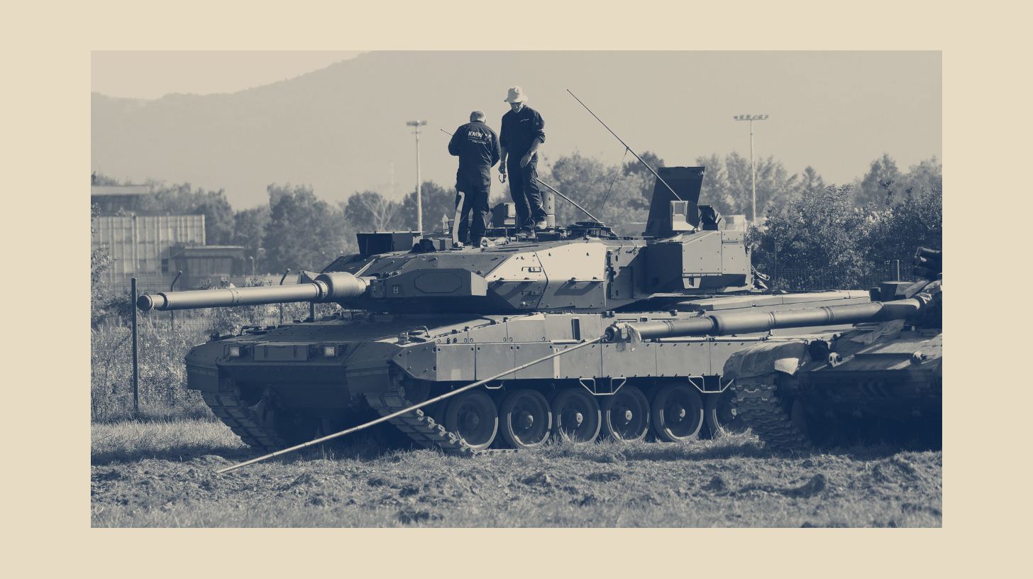 Two-tone photo of a Leopard 2A7A1 tank fitted with the Trophy active protection system on display at NATO Days 2023 in Ostrava, Czech Republic.