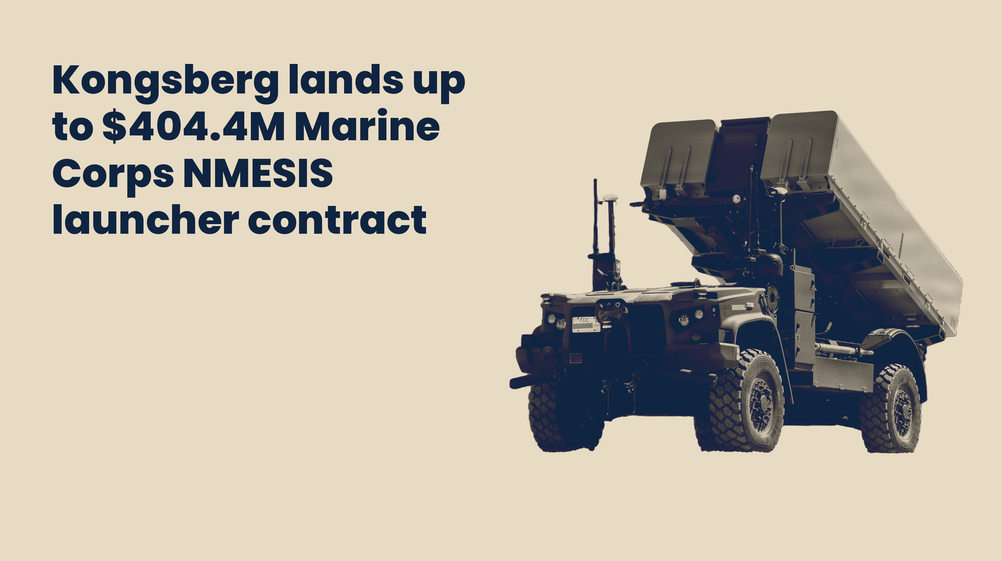 An NMESIS anti-ship missile launcher with its missile pod raised, shown as a Sand duotone cutout beside the headline.