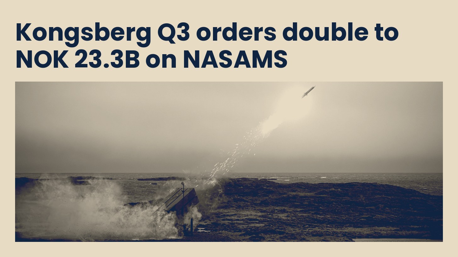 A Norwegian Army NASAMS missile launches from the Andøya Space range during Formidable Shield 2023, in navy and sand tones.