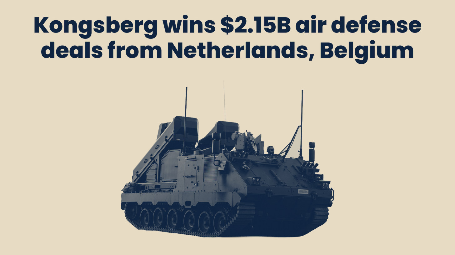 Two-tone Kongsberg photo of a NOMADS mobile air defence system on a tracked carrier at a coastal range, cut out on a sand background, set below the headline "Kongsberg wins $2.15B air defense deals from Netherlands, Belgium."