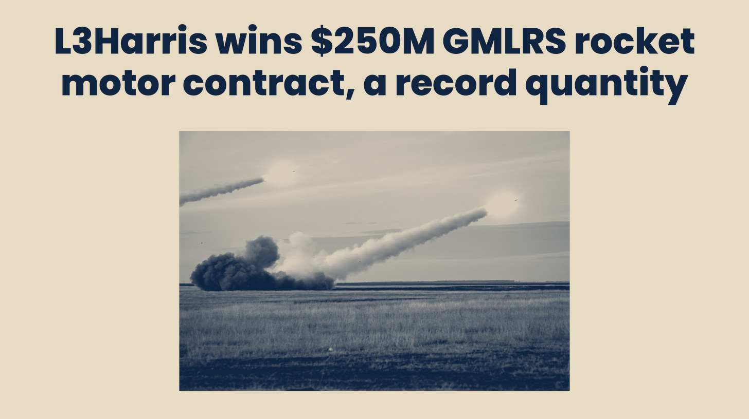 Two-tone U.S. Army photo of a HIMARS launcher firing a rocket in Romania, a stand-in that shows a rocket motor in flight but not L3Harris production, set below the headline "L3Harris wins $250M GMLRS rocket motor contract, a record quantity."
