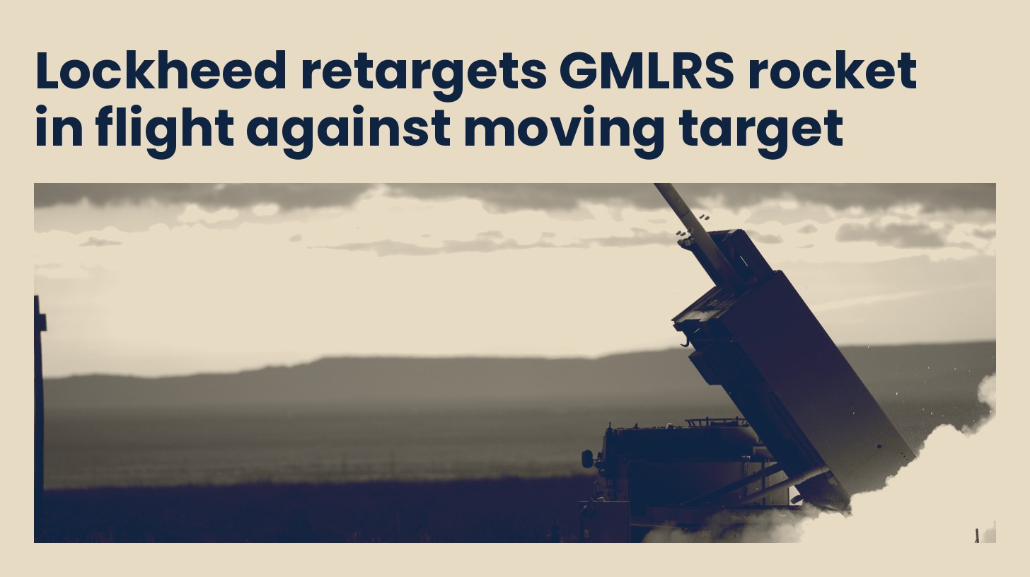 A GMLRS rocket leaves an M270 launcher during a 2007 trial at White Sands Missile Range, New Mexico, in navy and sand tones.