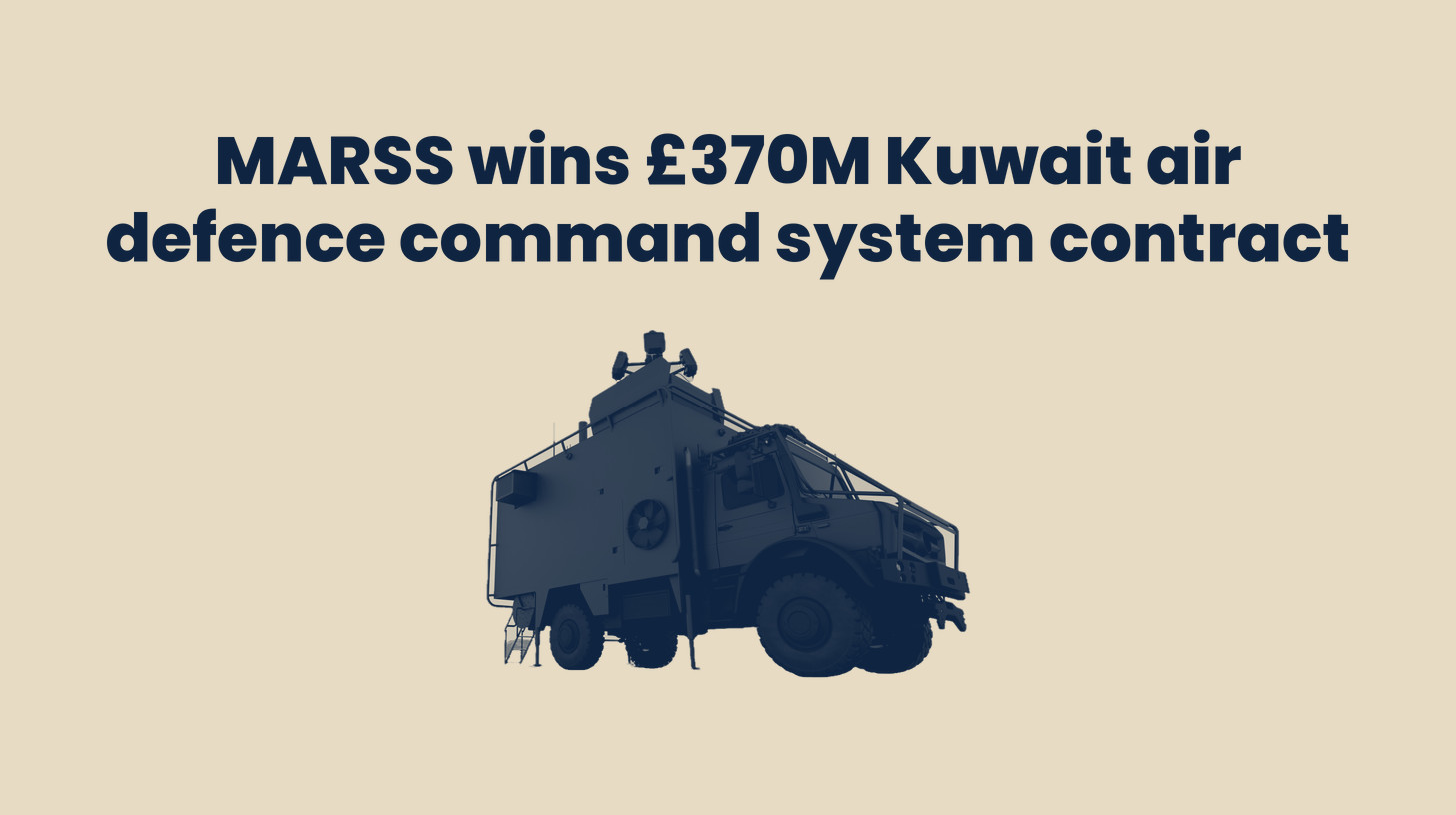 Two-tone MARSS computer rendering, not a photo, of a NiDAR X-Terra command vehicle with its radar mast, a stand-in for the Kuwait system, cut out on a sand background, set below the headline "MARSS wins £370M Kuwait air defence command system contract."