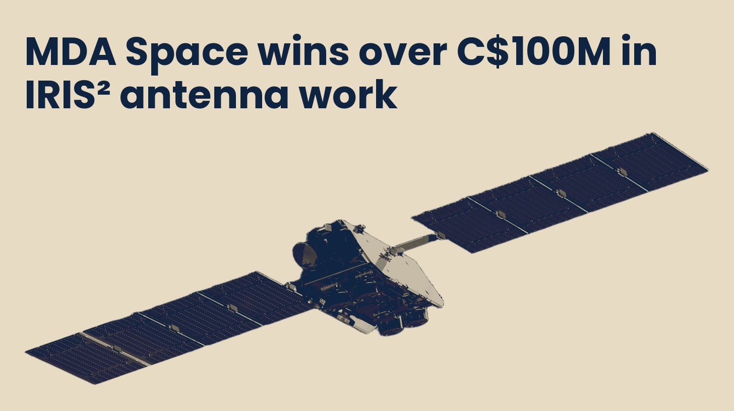 An MDA Space rendering of a satellite with an AURORA digital phased-array antenna, isolated on a plain sand background.