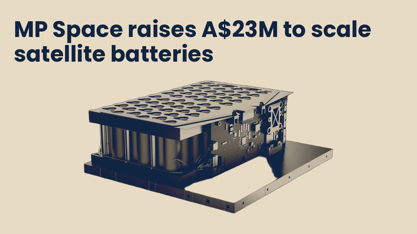 An MP Space satellite battery pack with rows of cylindrical cells, isolated on a plain sand background.