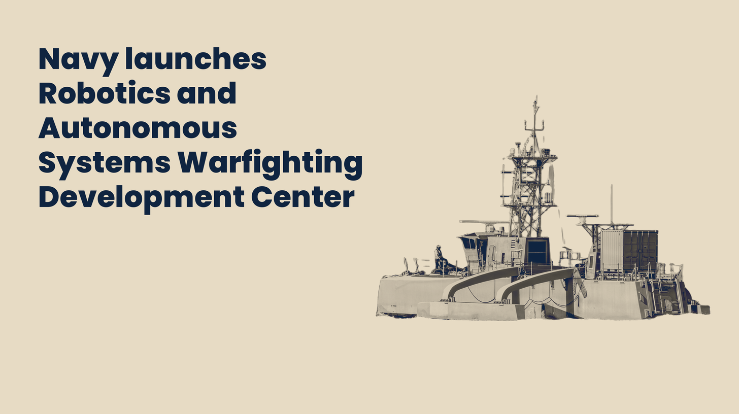 The unmanned surface vessel Sea Hunter, shown as a Sand duotone cutout beside the headline.