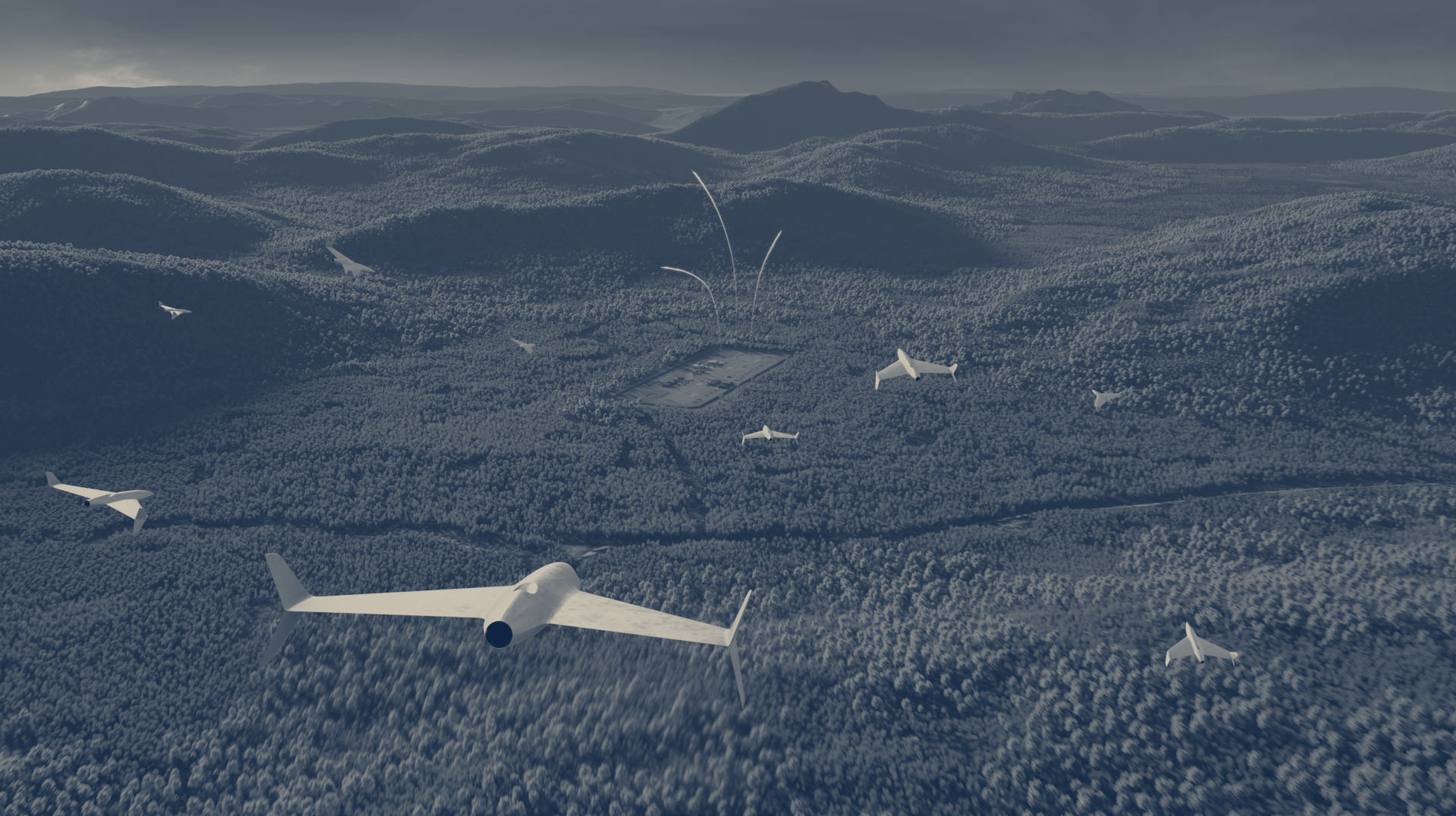 Two-tone MBDA rendering, not a photograph, of DELUGE long-range munitions flying in formation over wooded hills.