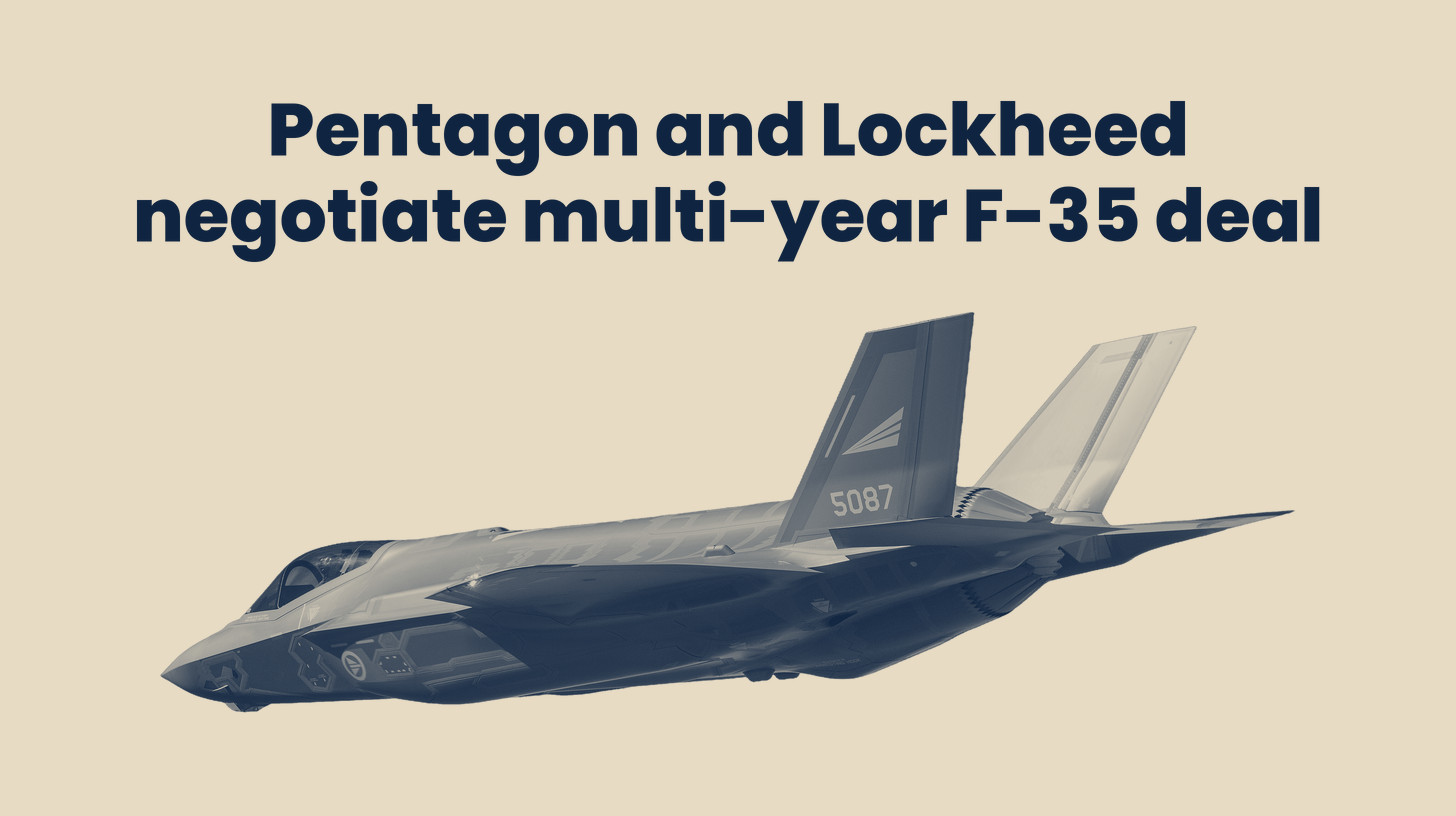 Two-tone Lockheed Martin photo of Norway's first F-35A banking over clouds on its 2015 test flight from Fort Worth, a stand-in for the multi-year deal, cut out on a sand background, set below the headline "Pentagon and Lockheed negotiate multi-year F-35 deal."