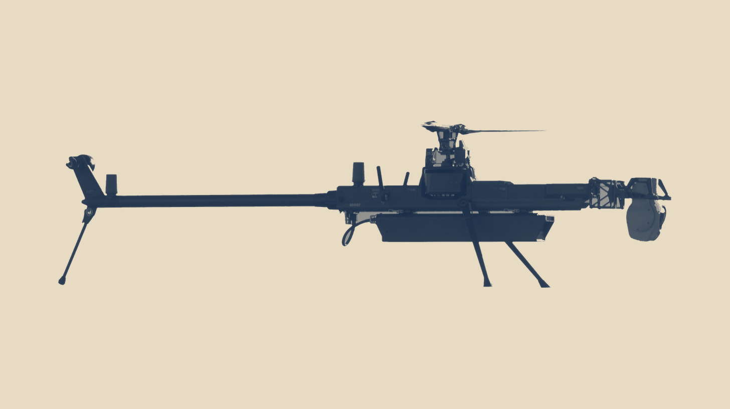 Two-tone U.S. Army photo of an Anduril Ghost-X unmanned helicopter in flight, on a plain sand background.