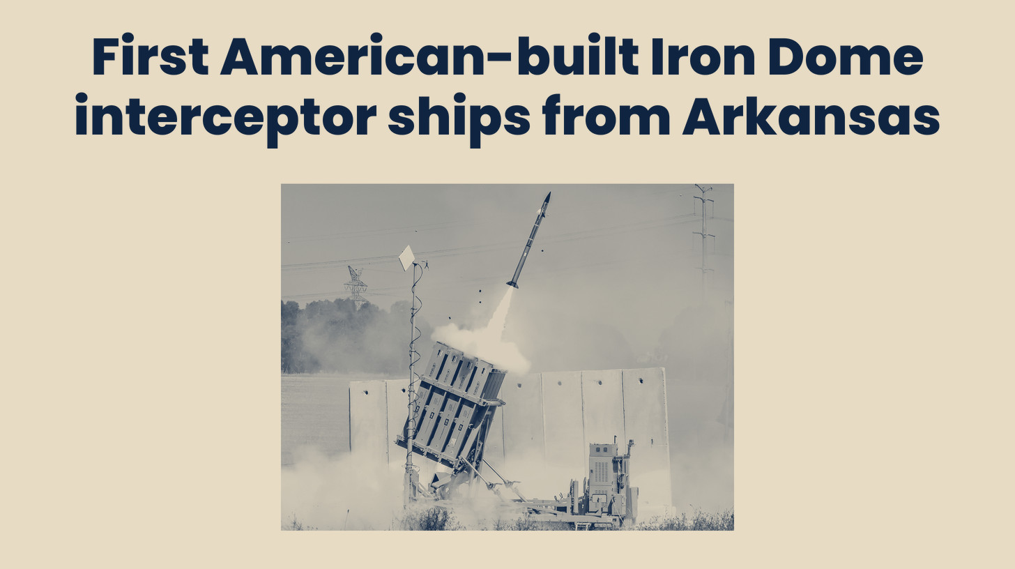 Two-tone photo of an Israeli Iron Dome launcher firing a Tamir interceptor in 2021, the missile climbing out of a cloud of launch smoke, below the headline "First American-built Iron Dome interceptor ships from Arkansas."