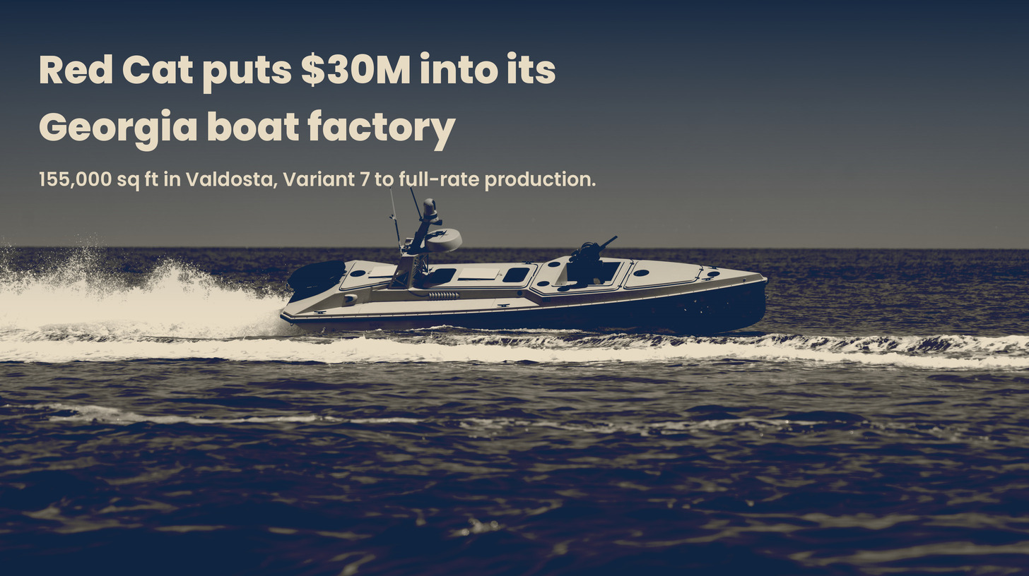A Blue Ops Variant 7 uncrewed surface vessel speeds across open water, throwing a white wake, in navy and sand tones. Headline: Red Cat puts $30M into its Georgia boat factory. 155,000 sq ft in Valdosta, Variant 7 to full-rate production.