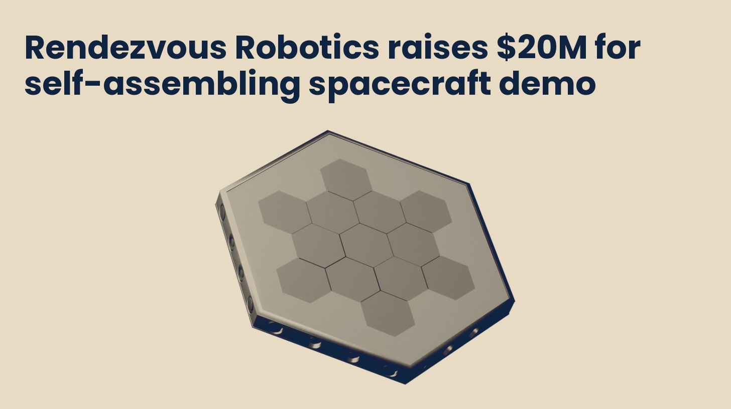 A Rendezvous Robotics computer rendering of a single hexagonal self-assembling spacecraft tile, isolated on a plain sand background.