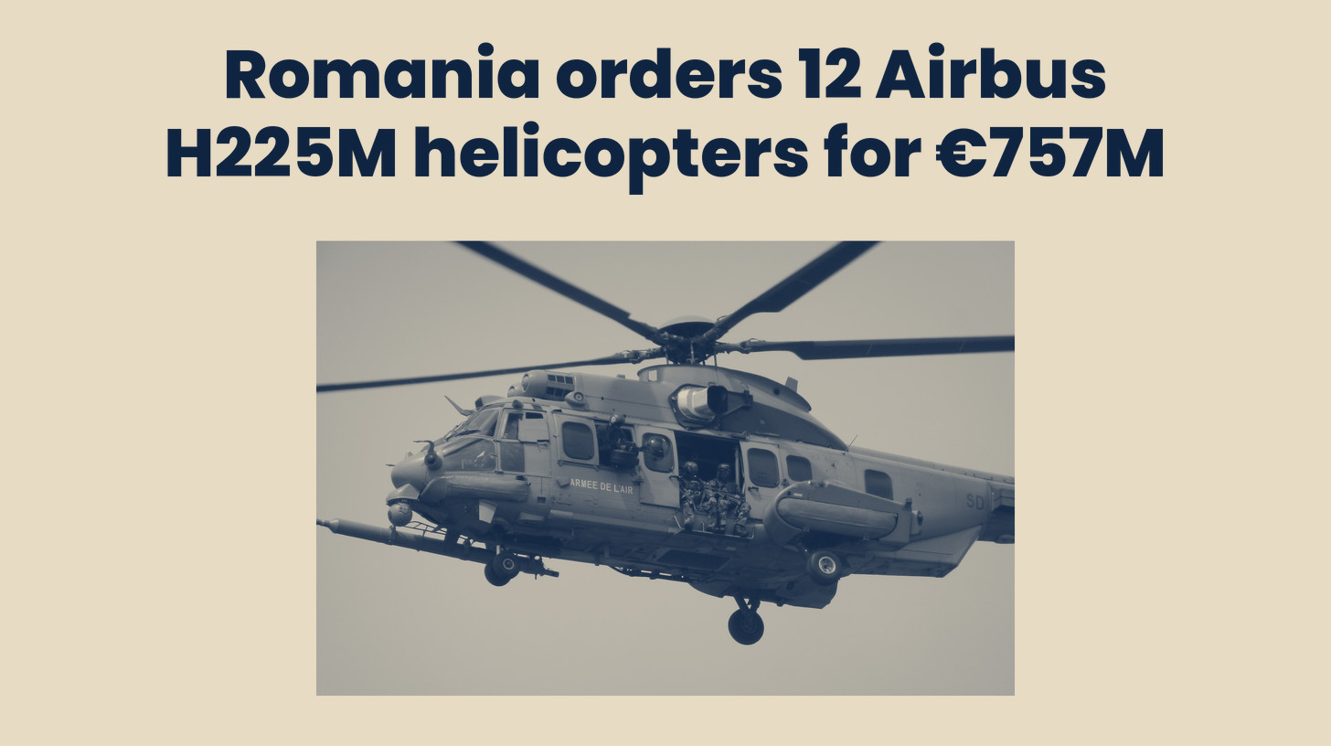 Two-tone photo of a French Air Force EC725 Caracal, the military H225M type, flying with its side door open at the 2014 Bastille Day show, a French aircraft and not a Romanian one, set below the headline "Romania orders 12 Airbus H225M helicopters for €757M."