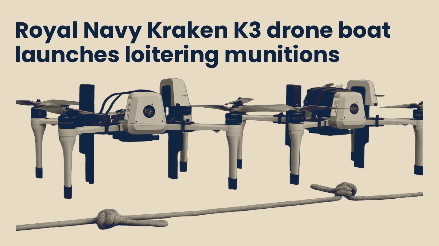 A row of SRLM-10 loitering quadcopter drones on their landing legs, isolated on a plain sand background.
