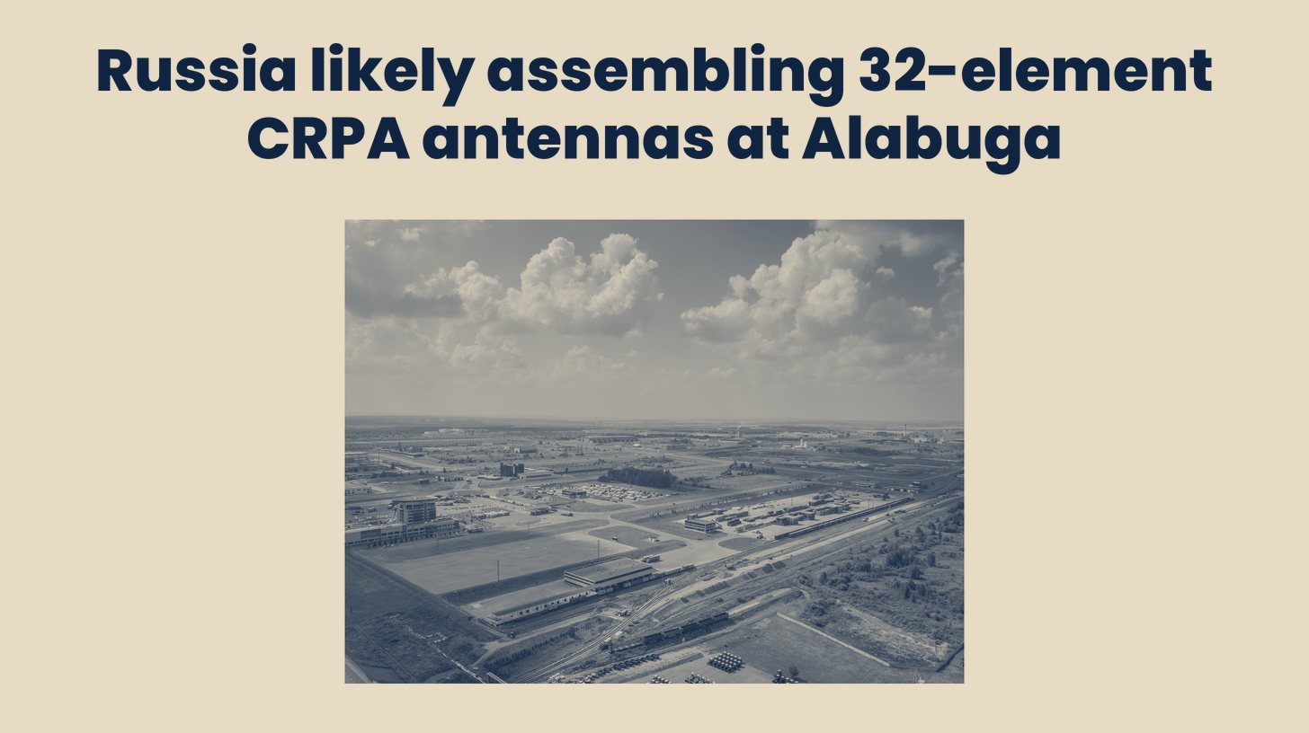 Two-tone 2017 aerial photo of factories in the Alabuga special economic zone in Tatarstan, taken before the drone plant expansion and showing no antennas or drones, set below the headline "Russia likely assembling 32-element CRPA antennas at Alabuga."
