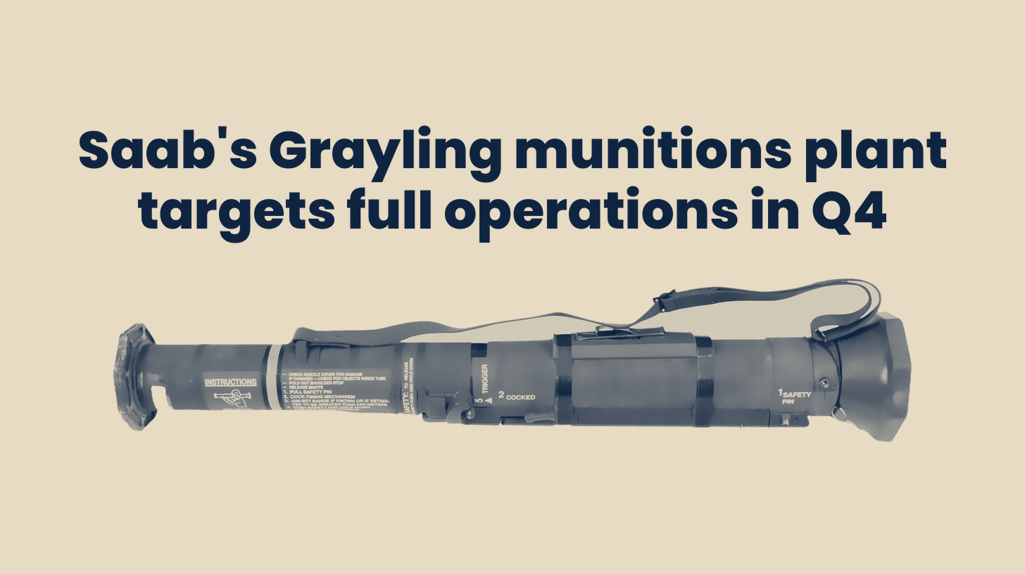 Two-tone U.S. Air Force photo of an M136 AT4 shoulder-fired launcher, a stand-in for the XM919 variant the Grayling plant will build and not a Grayling product, cut out on a sand background, set below the headline "Saab's Grayling munitions plant targets full operations in Q4."