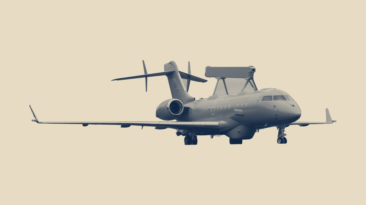 Two-tone cutout of the first Swedish Air Force Saab GlobalEye surveillance aircraft, isolated on a plain sand background.