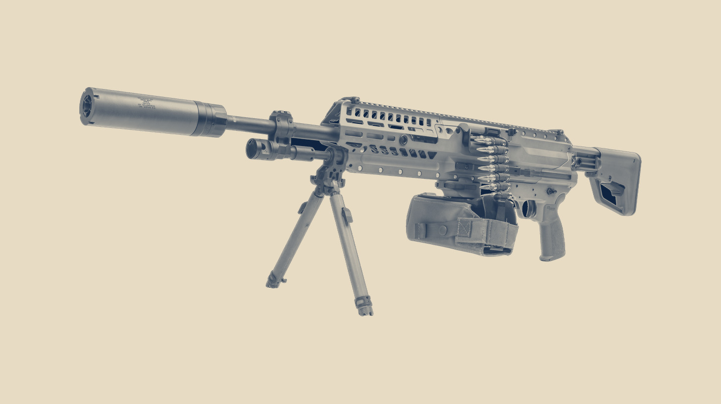 Two-tone photo of a SIG Sauer M250 light machine gun on its bipod on a plain sand background, the gun rather than the FIRE STORM 250 drone that carries it.