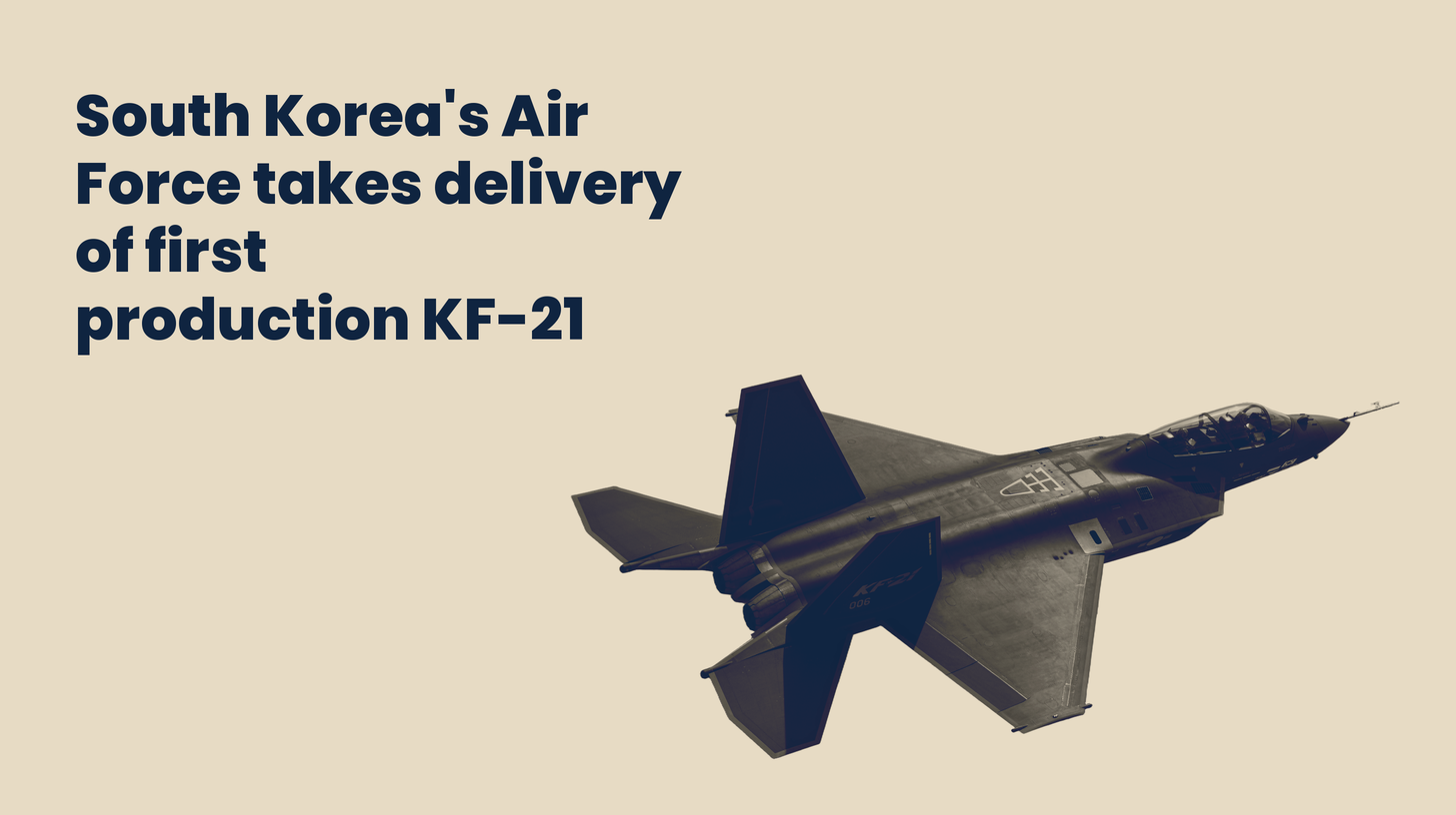 A KF-21 Boramae fighter in flight, shown as a Sand duotone cutout beside the headline.
