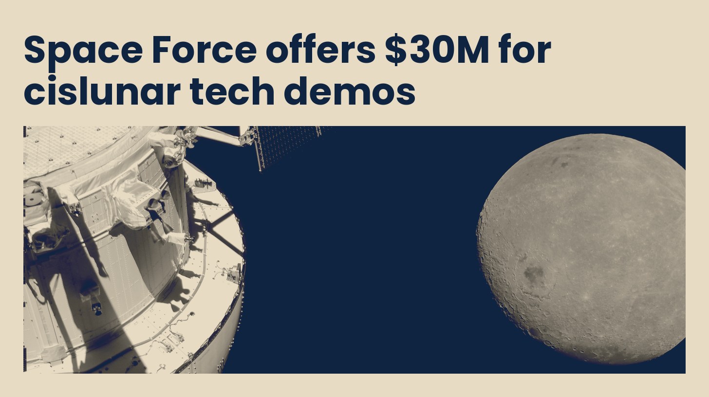 NASA Orion spacecraft and its solar array approaching the Moon during Artemis I, in navy and sand tones.