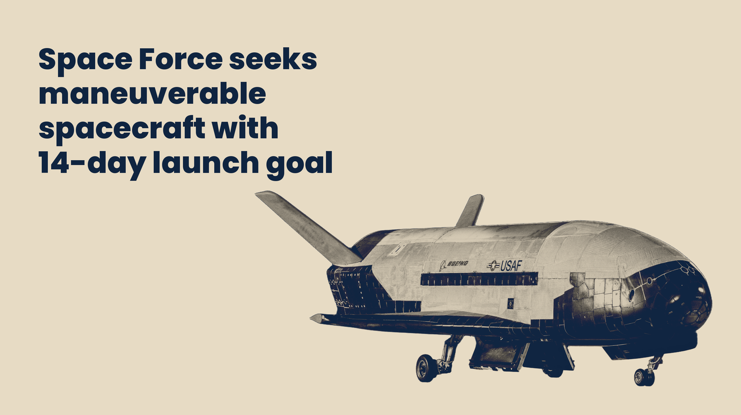 The X-37B spaceplane on a runway, shown as a Sand duotone cutout beside the headline.