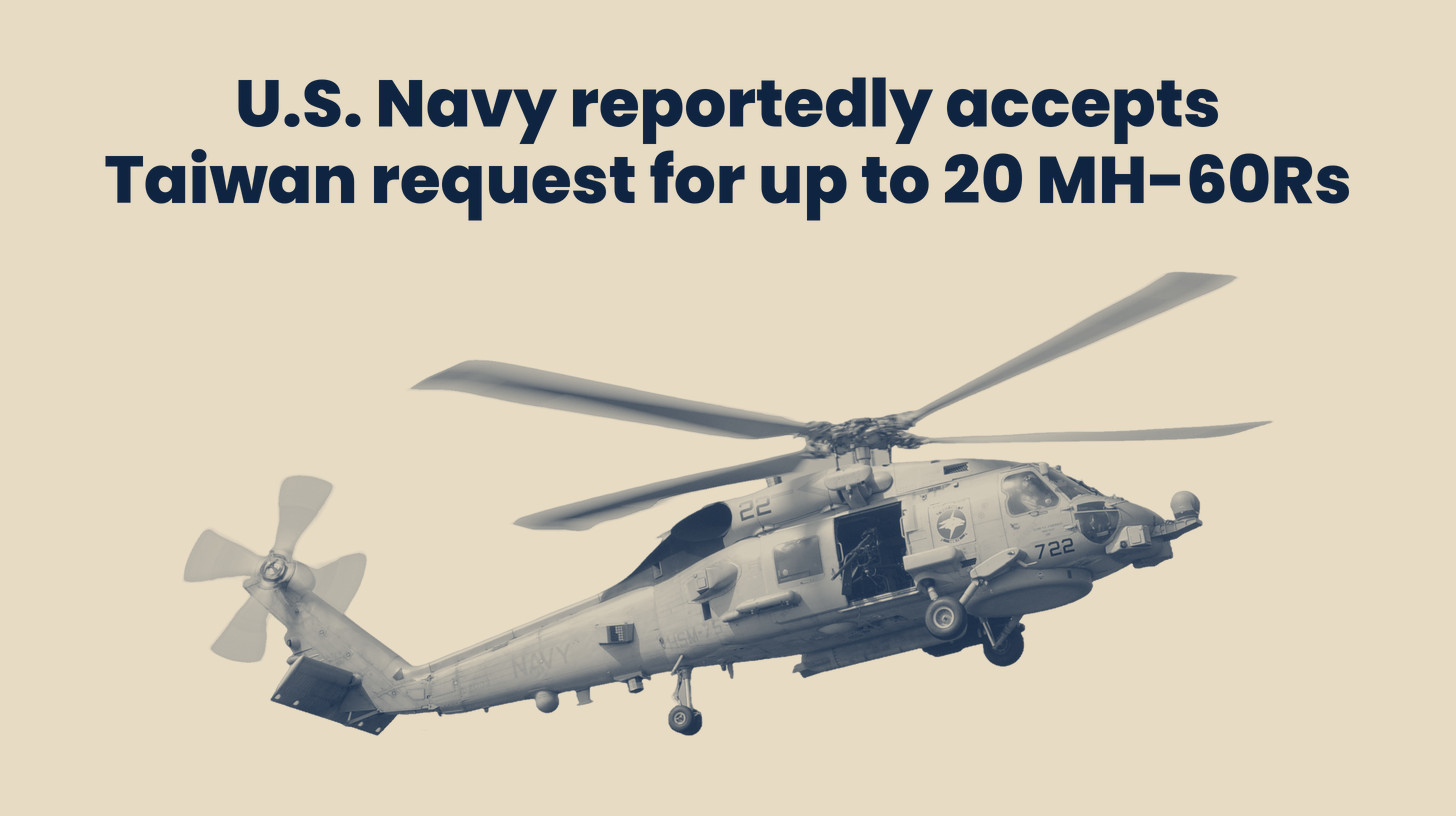 Two-tone U.S. Navy photo of a U.S. Navy MH-60R Seahawk of squadron HSM-75 in flight in 2013, not a Taiwanese helicopter, cut out on a sand background, set below the headline "U.S. Navy reportedly accepts Taiwan request for up to 20 MH-60Rs."